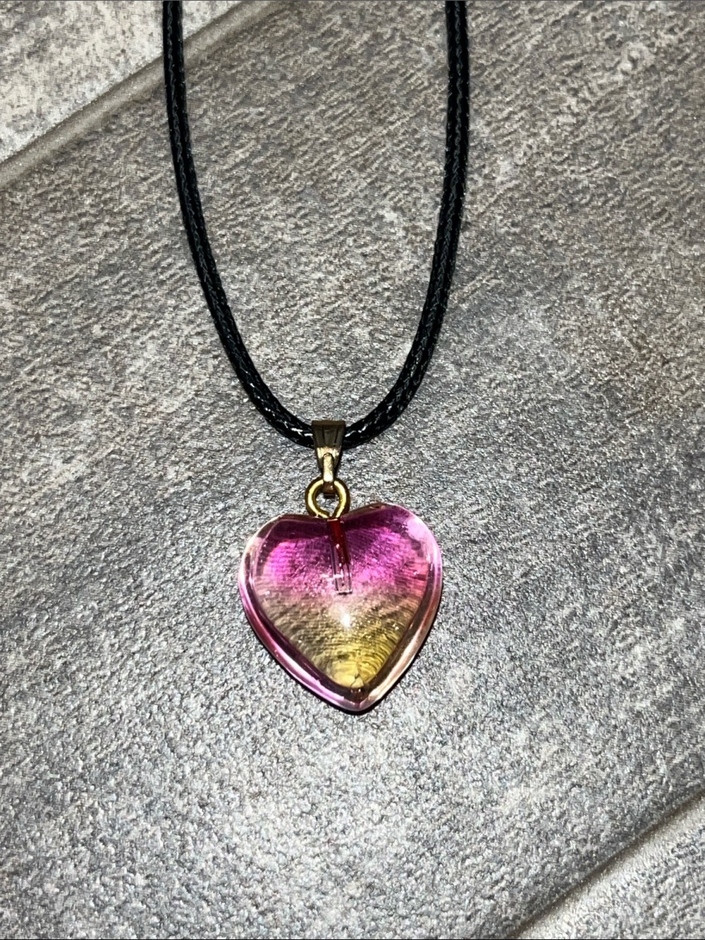 Gradient Pink & Yellow Heart Pendant Necklace with Black Cord B